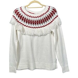 Loft Outlet Lounge Sweater Top XS Off White with Red Geometric and Furry Fringe